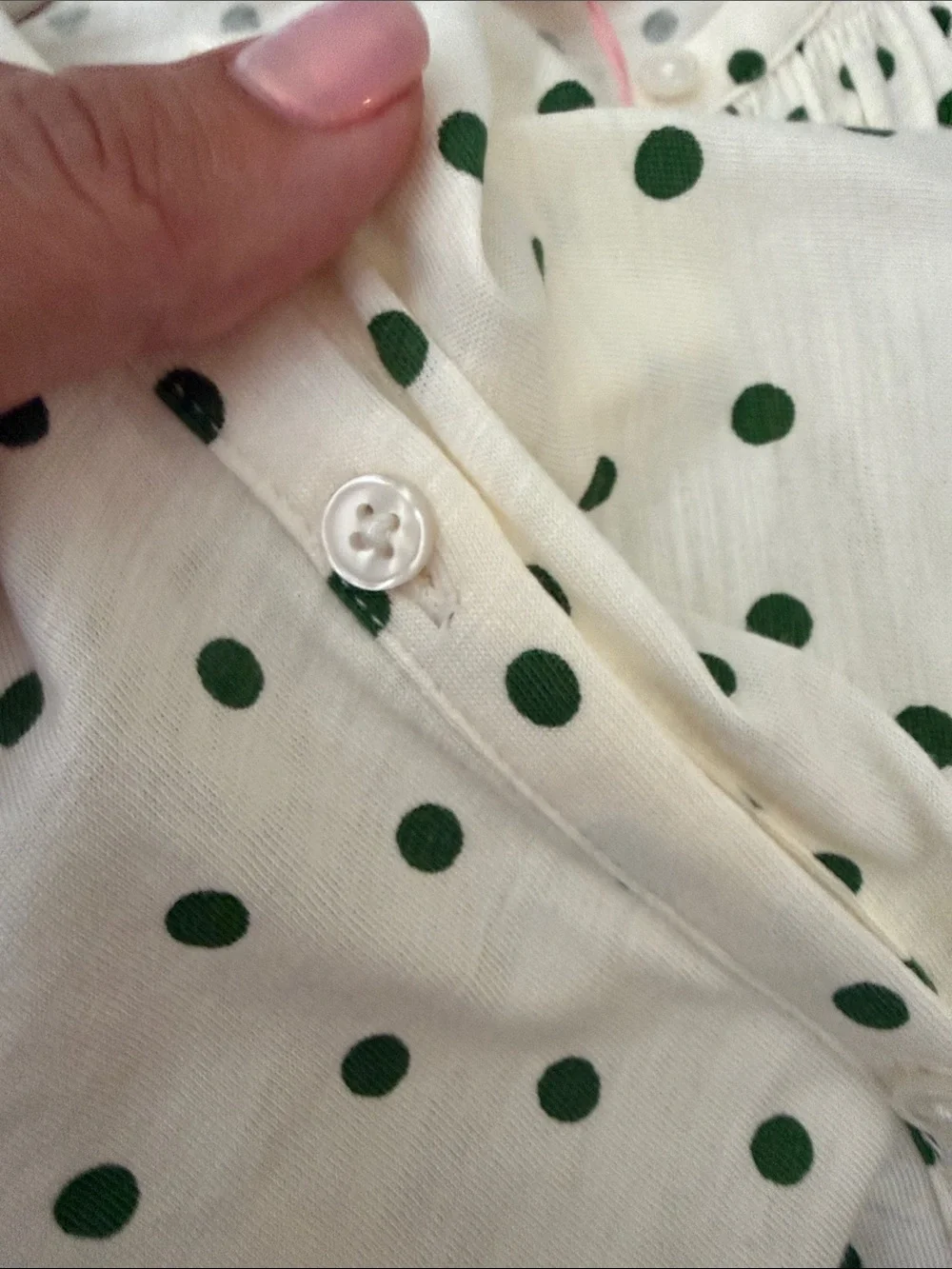 Boden White Short-Sleeve Button-Front Top with Green Polka Dots